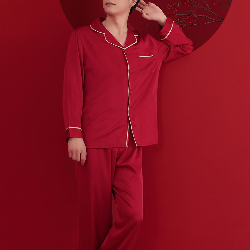 High-Grade Red Silk Wedding Pajama Set for Couples - Colorfast, Zodiac Theme, Spring & Autumn Style