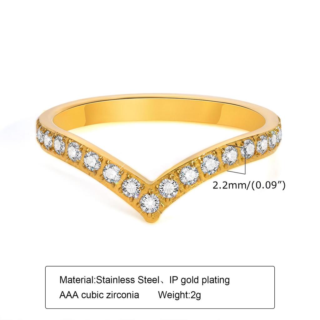 Women's Gold V-Shape Cubic Zirconia Stainless Steel Ring R-665