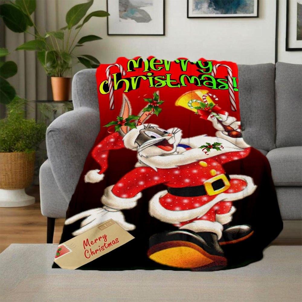 Christmas Bugs Bunny Santa Claus Greeting CardBlanket Flannel Throw Blanket for Sofa, Bed, Travel, Camping, Office