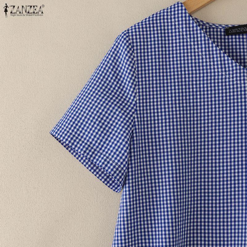 ZANZEA Women Casual V-Neck Grid Print Loose Short Sleeve Blouse