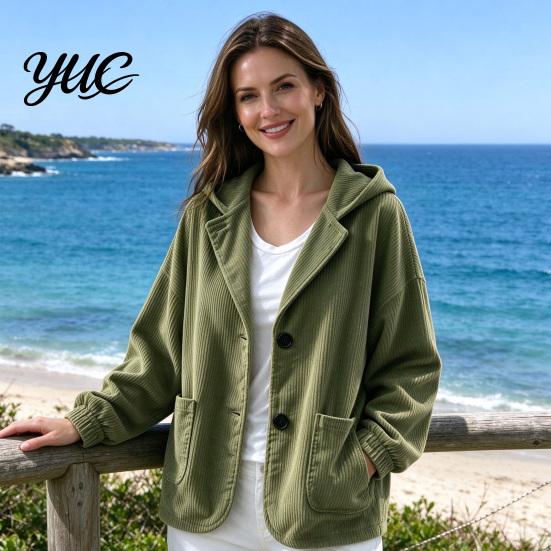 Everyday Layering Piece Autumn Winter Casual Coat, Hoolded Long Sleeve Jacket, Comfortable Commuter Apparel Loose Fit Vertical Corduroy Outerwear with