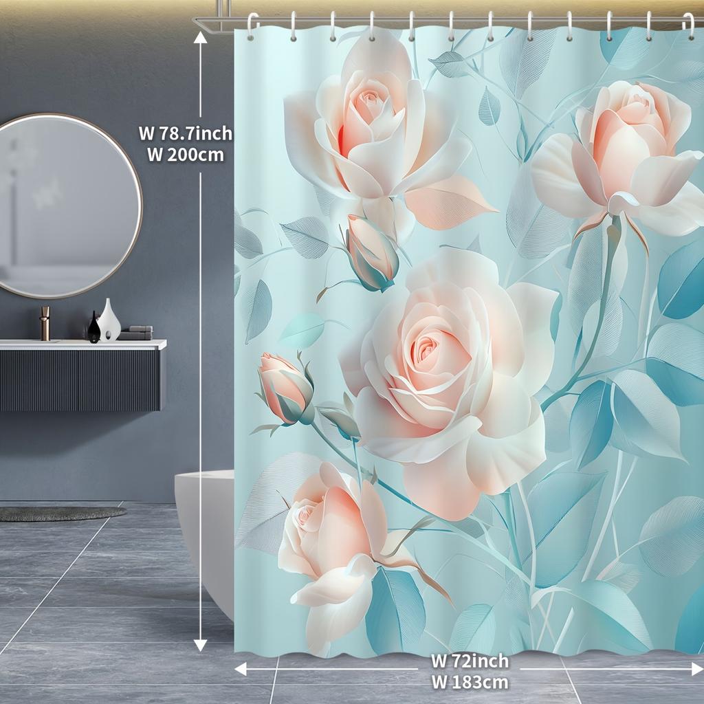 Luxury Waterproof Shower Curtain Floral Roses Pink and Blue Tropical Botanical Print Bathroom Home Decor Liners