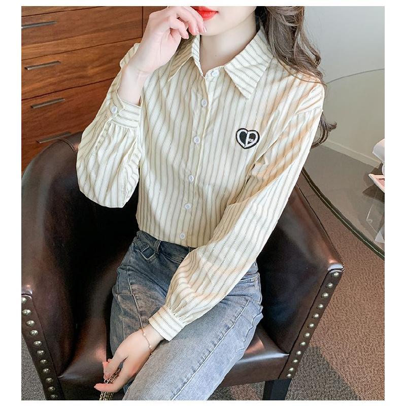2026 New Women's Embroidered Cotton Shirt, Fashionable and Youthful Striped Long Sleeve Blouse