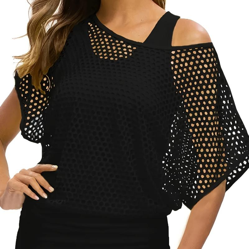 Women's Casual Vintage Fishnet T-Shirt and Tank Top Set with Cut-Out Design