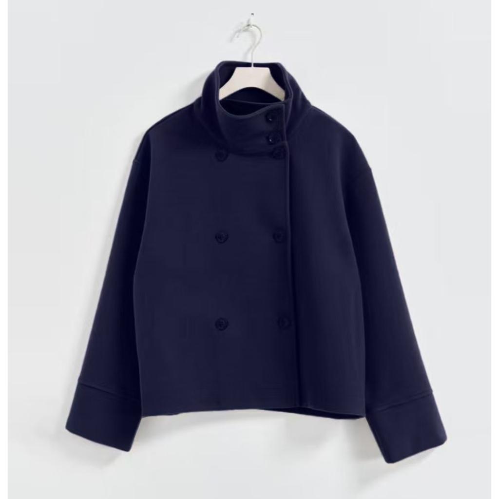 Damen Wollmantel mit Stehkragen, langen Ärmeln, lockerem Schnitt, lässige zweireihige Jacke mit Knopfleiste