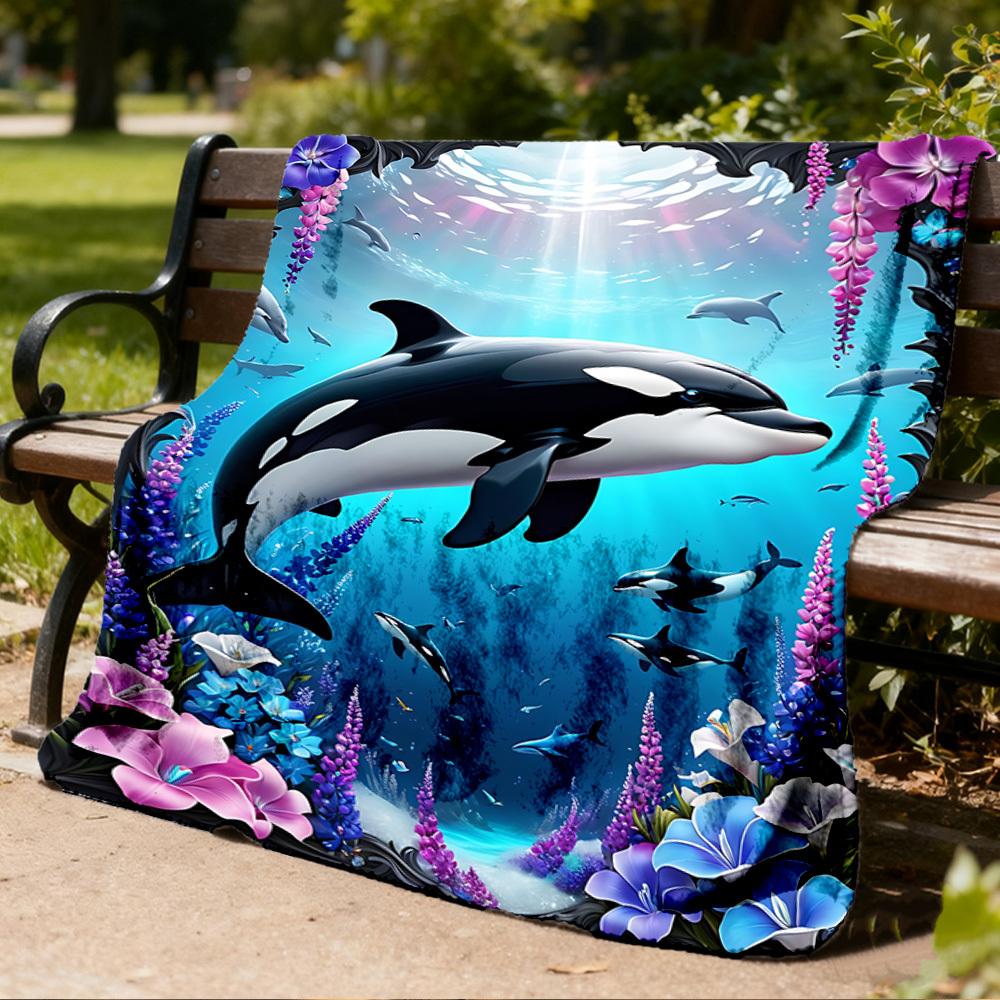 1pc Whale Marine Ocean Outdoor Flannel Blanket , Machine Washable Perfect Gift for Birthday , Holiday Travel Accessory , Durable Material