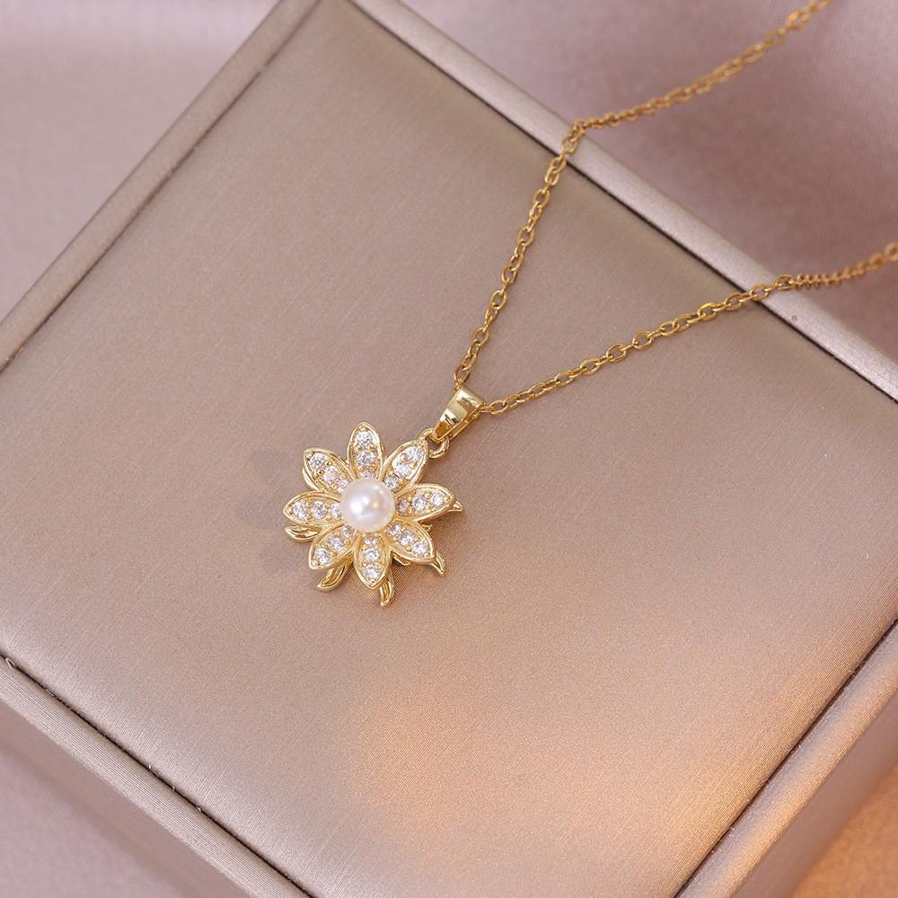 Light Luxury Rotating Bauhinia Zircon Pendant Stainless Steel Niche Women Party Fashion Jewelry Necklace Factory Direct X0612 золотой