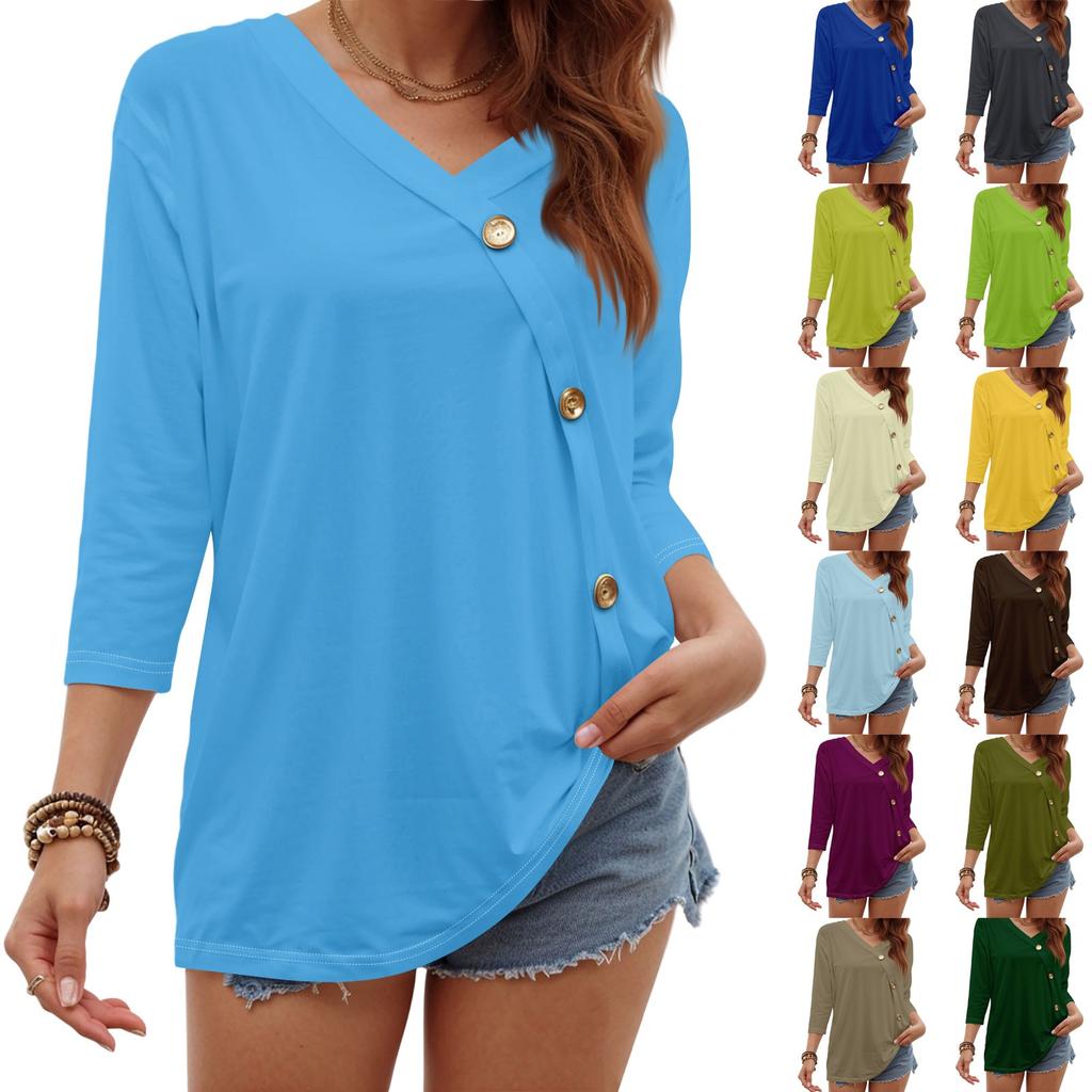 Women's Fashion Casual Three-quarter Sleeve Solid Color Button Round Neck Top