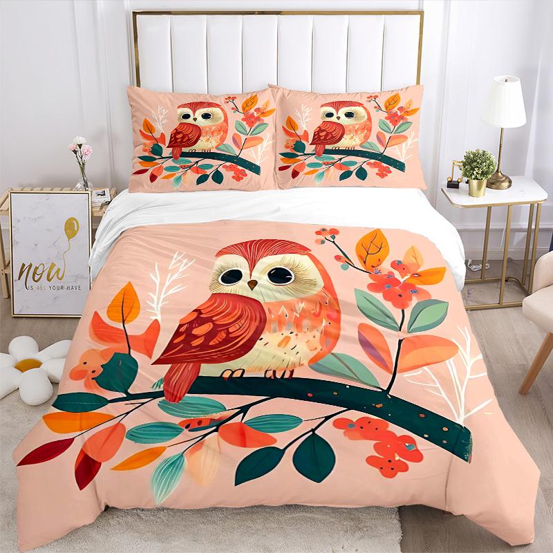 3pcs Cuddly Owl Design Bedding Set, Including Soft and Comfortable Home Bedroom Fabric L022