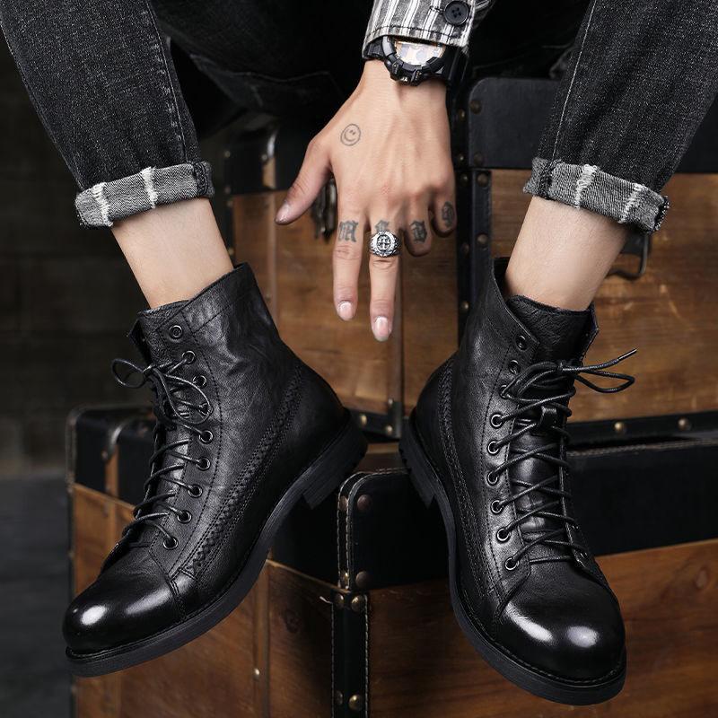 Men's Vintage Riding Biker Boots Casual Work Motorcycle Boots Lightweight Combat Ankle Dress Booties for Men Non-Slip Lace-Up Retro Chukka Boots Shoes
