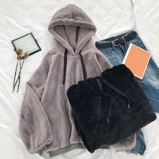Kordelzug Lange Ärmel Elastische Bündchen Dick Warm Pullover Hoodie Herbst Winter Einfarbige Beidseitige Plüsch Unisex Kapuzenpullover