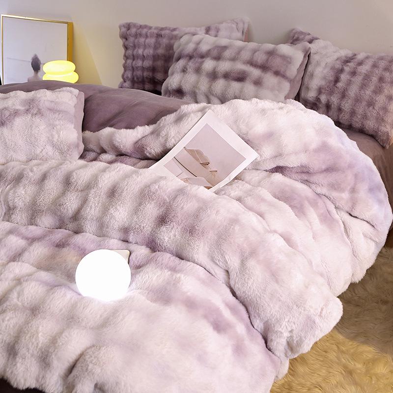 Premium Winter Rabbit Fur Plush Four-Piece Set: Thickened Coral Fleece & Milk Velvet Duvet Cover with Faux Fur Three-Piece Bed Sheet Set.