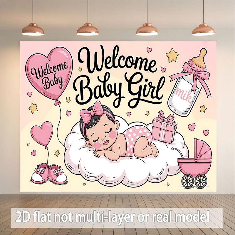 2D flat design 1-piece baby welcome banner for girls - Soft colors and one-piece dress pattern design polyester banner 100x150cm