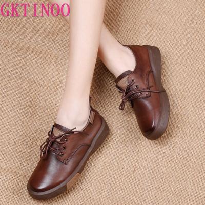 Fashion GKTINOO Sneakers Women Genuine Cow Leather Round Toe Lace-Up Ladies Retro Casual Flat Shoes Handmade Loafers