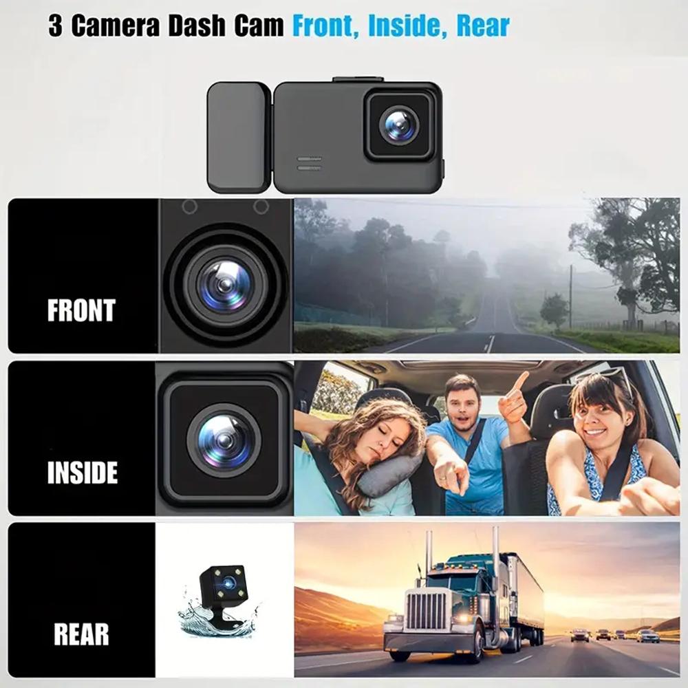 Câmera de painel DVR para carro 1080P, frontal, interna e traseira, gravador de direção de 3 lentes, tela de 2 polegadas