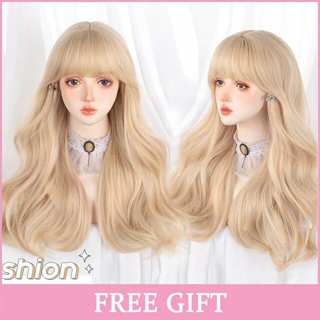 Perruques synthétiques Lolita longues ondulées noires et roses pour femmes, perruque de Cosplay avec frange, résistante à la chaleur pour Halloween et noël