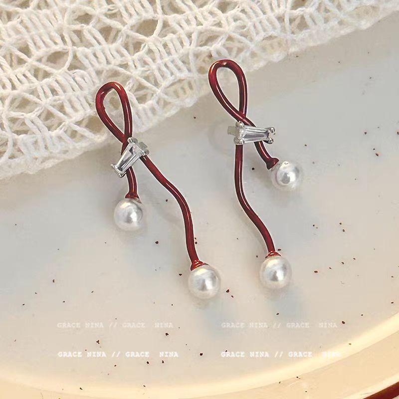 Ankara Red Bow Zircon Pearl Stud Earrings Female Hong Kong Style Retro Fashion Temperament Commuter Versatile Earrings Earrings