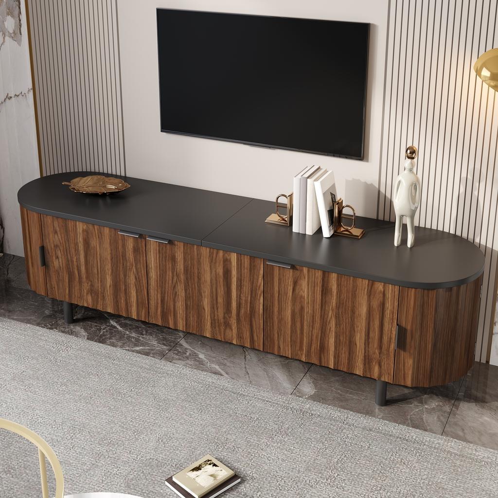 TV-Lowboard aus MDF mit 5 Türen, geriffelte Front, abgerundete Seiten, Eisenfüße und Eisenhenkel