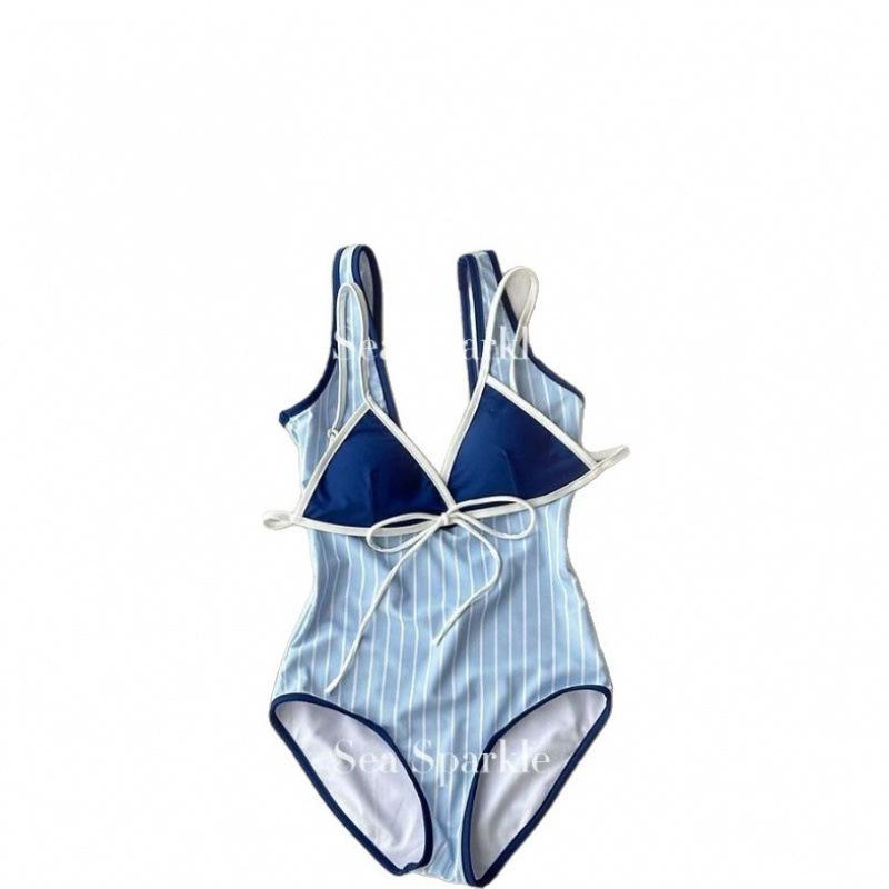 Thai niche personality blue and white striped two-piece one-piece women's simple and thin swimsuit fashionable island vacation swimsuit