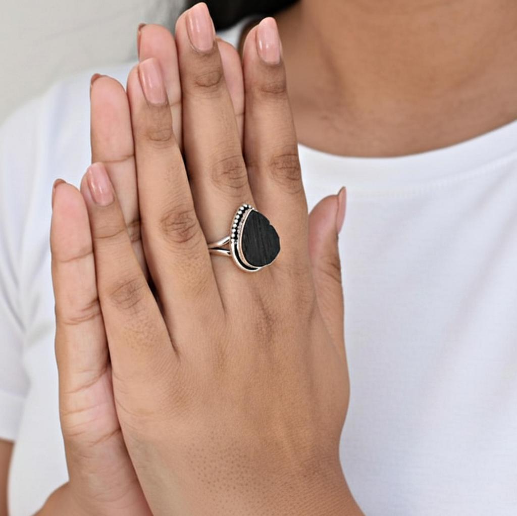 Raw Black Tourmaline Statement Ring, 925 Sterling Silver, Minimalist Handmade Boho Ring for Women