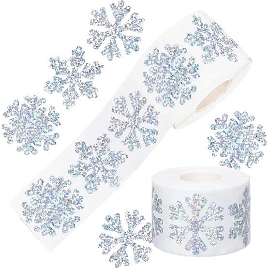 500Pcs Winter Snowflake Stickers Roll Christmas Laser Silver Snowflake Seal Stickers 3 Designs Self-Adhesive Label Decal for Xmas Holiday Envelope