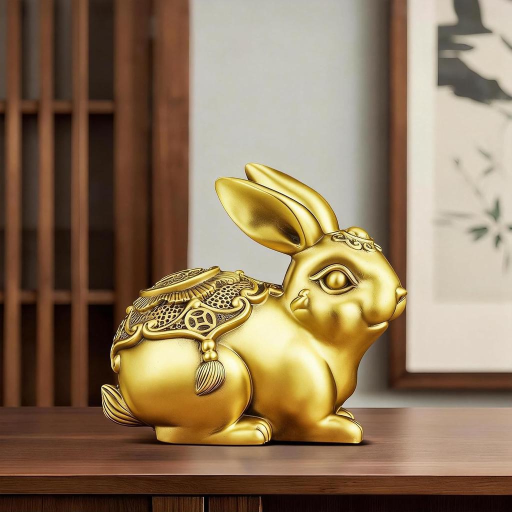 Aris & Juno Brass Wealth Rabbit Figurine – Chinese Feng Shui Prosperity, Protection & Good Fortune Symbol for Entryway, Office Desk or Home Decor,