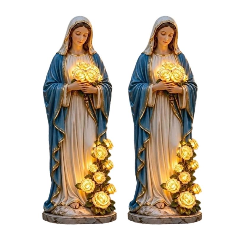 Figurka Błogosławiona Matka Zasilana Bateryjnie Lampa Ogrodowa LED Świecące Róże Statua Żywiczna Katolickie Dekoracje Ogrodowe Upominek Pamięci dla Kobiet black