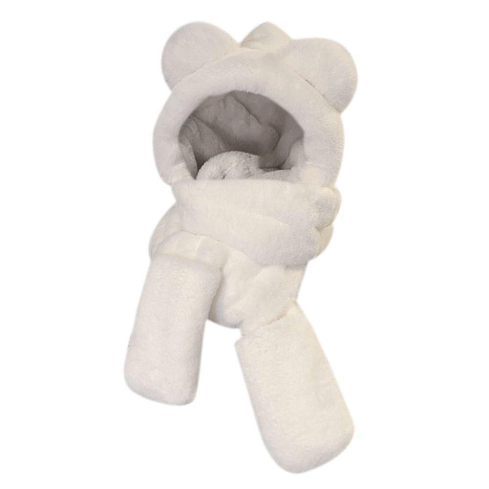 Cute Plush Bear Ears Hat Thickened Windproof Beanies Caps Winter Warm Integrated Cap Scarf for Woman Girls белый