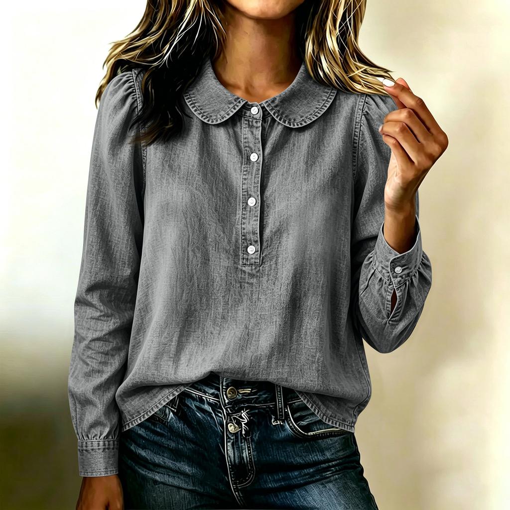 Women's Denim Button Down Shirt with Lapel Collar for Casual Daily Wear