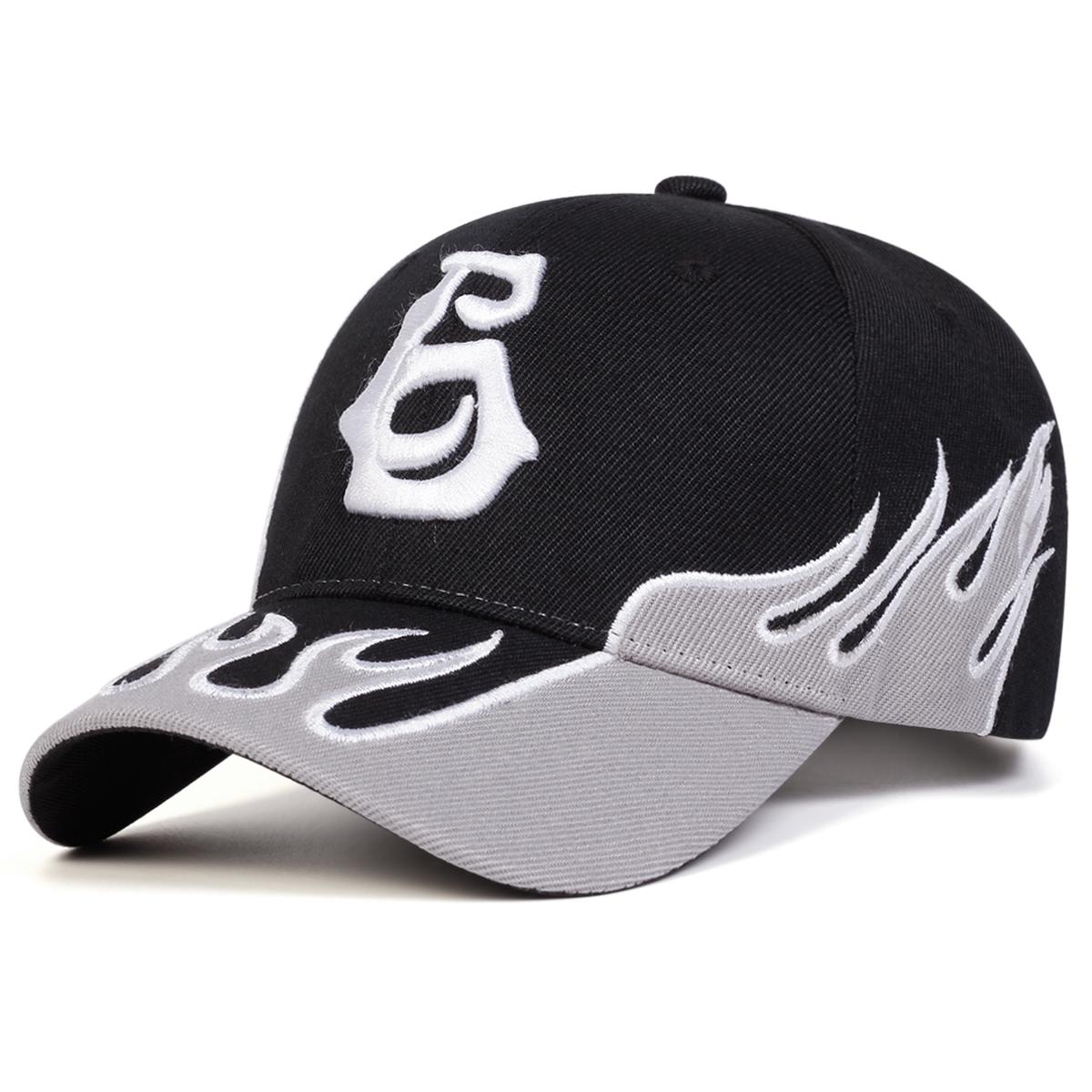 

Men Number Six Flame Embroidered Baseball Cap Outdoor Adjustable Sunscreen Leisure Hat Spring Autumn Travel Tourism Beach Vacation чорний/білий