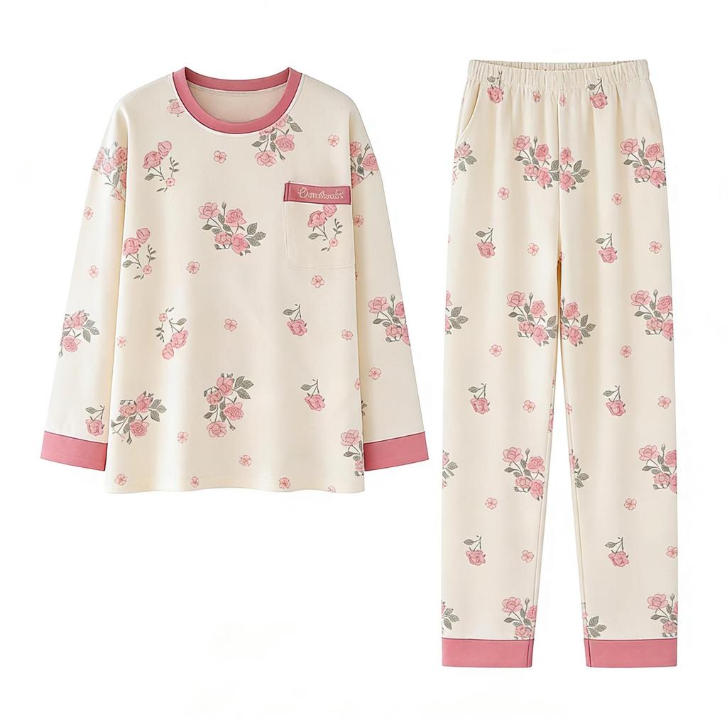 Damen Plus Size Süßes Rundhals-Loungewear-Set - Baumwoll-Schlafanzug für Frühling & Herbst mit Brustpolstern