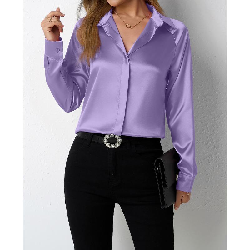 

Женская атласная рубашка, блузки и рубашки с длинными рукавами из искусственного шелка L темно-фиолетовый