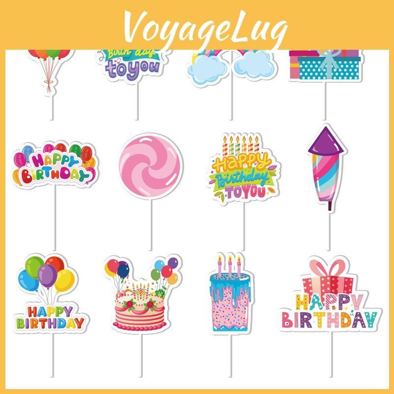 Birthday Happy Cake Toppers With Paper Flags For Party Decoration Set Of 12