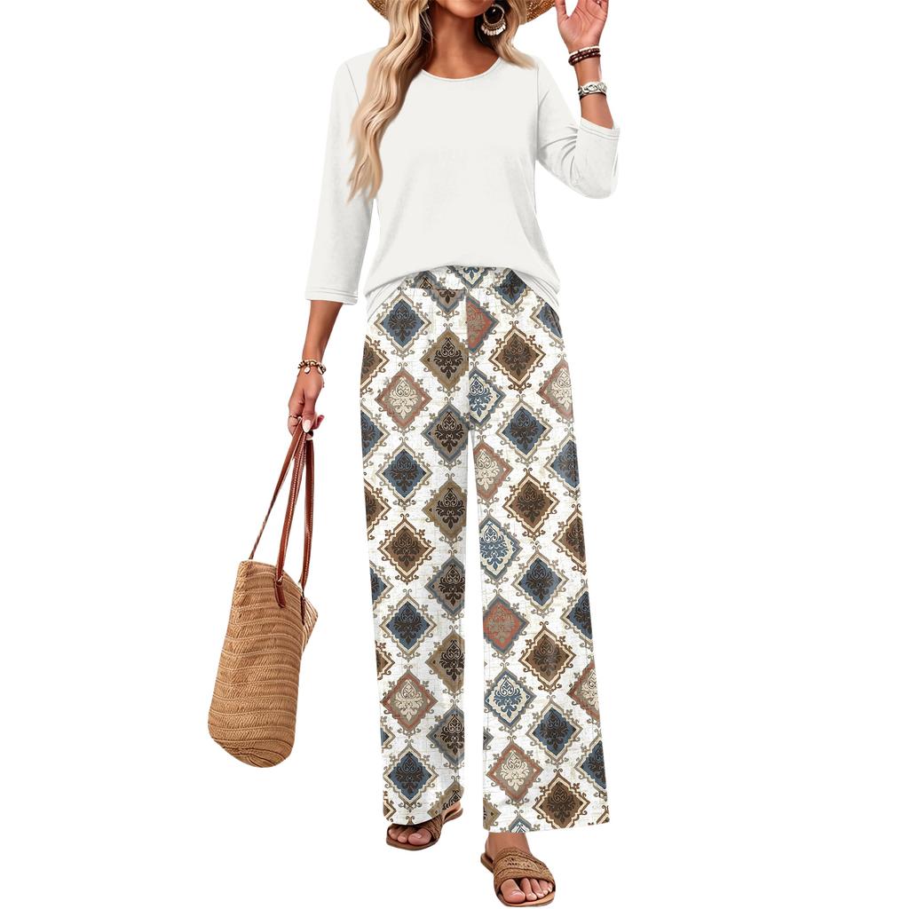 Women's Casual Fashion Round Neck Loose Fit Printed Three Quarter Sleeve Top with Wide Leg Printed Pants Set Comfortable Loungewear