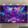 2D flat disco music background  mirrored ball and rainbow dance floor elements  balanced note decoration