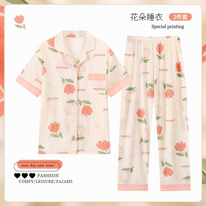 Middle-aged Womens Short Sleeve Long Pants Loungewear Set Plus Size Elegant Sleepwear