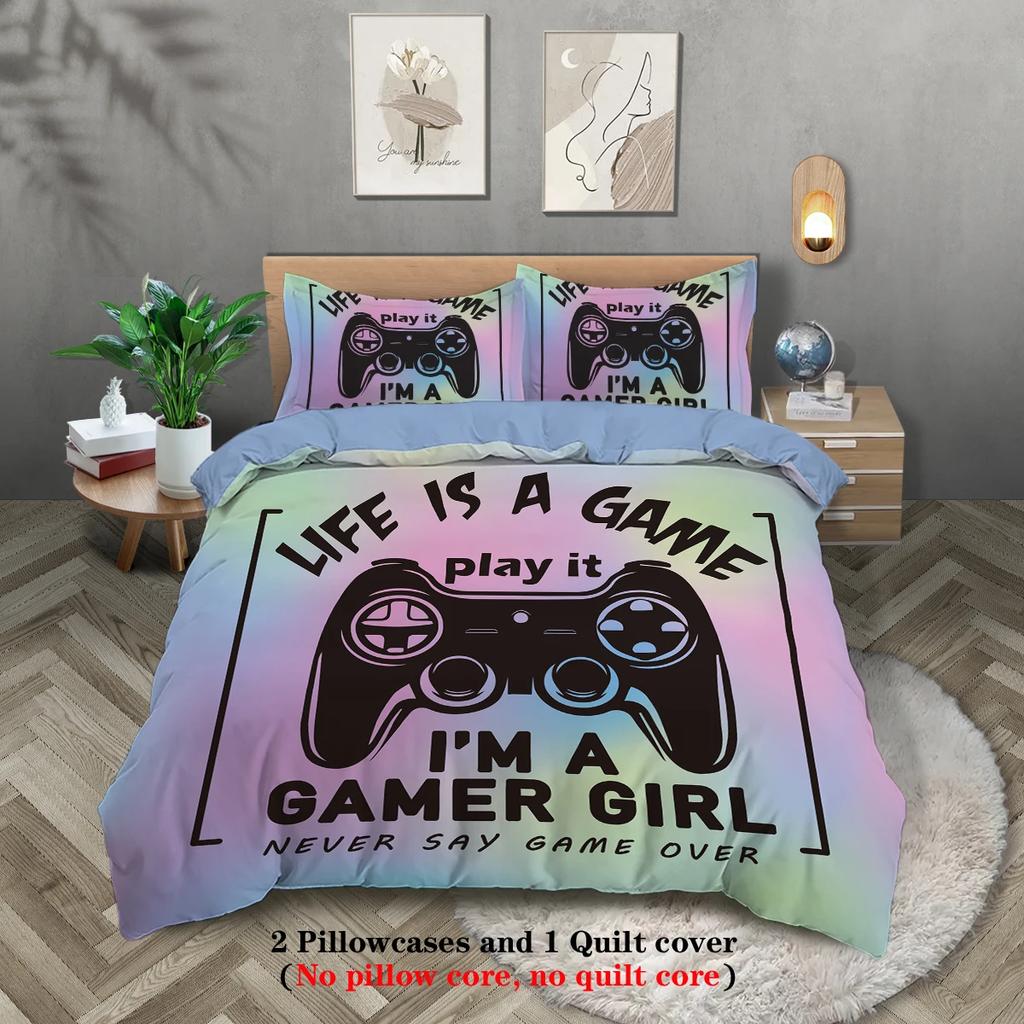3-teiliges Set Jugendliches Cooles Gamer-Muster Bedrucktes Bettwäscheset für das Bett von Teenager-Mädchen Party Lustiges und Kreatives Bettwäscheset