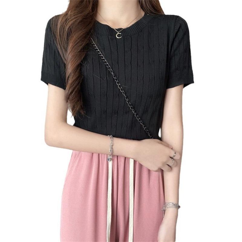 Vintage Crew Neck Short Sleeve Shirt Knitted Sweater Women's Thin Summer Design Slim Fit Short Student Top