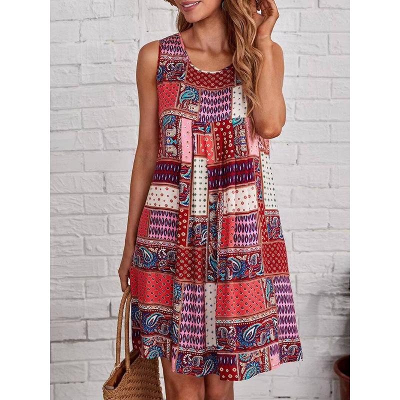 

Женское платье Пэчворк Пейсли Без рукавов Круглый вырез А-силуэт Мини-платье Бохо Весна Лето Повседневное Пляжное Стройнящее Удобное Наряд S