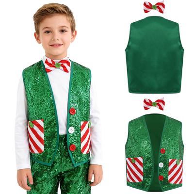 Kids Boys Sparkly Sequins Christmas Santa Elf Sleeveless Pockets Vest Waistcoat Jacket with a Bow Tie for Latin Jazz Disco Dance Costume