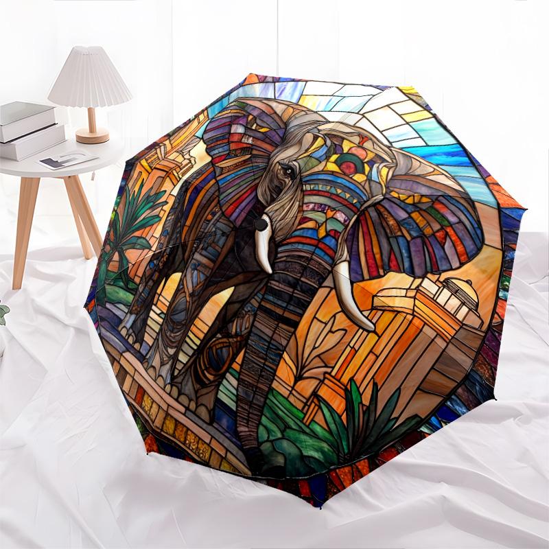 0106 Parasol automatycznie składany, wzór Słoń w oknie szklanym, przenośny i składany design, 8 żeber, prezent na Boże Narodzenie lub urodziny.