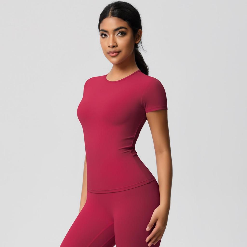 Gebürstetes Nude Slim-Fit Rundhals Yoga-Top - Kurzärmlig, Atmungsaktiv, Vielseitige Sportbekleidung