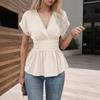 Summer Women's Solid Color V-neck Waist Gathered Pleated T-shirt Short Sleeve Casual Top