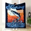 Fishing Illustration with Jumping Fish Design Flannel Blanket for Bedroom, Living Room, Sofa, and Nap Sofas.