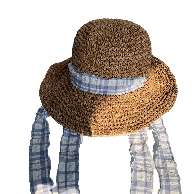 Spring and summer girl atmosphere plaid lace-up woven straw hat sunscreen sunshade seaside vacation wind show face small brim