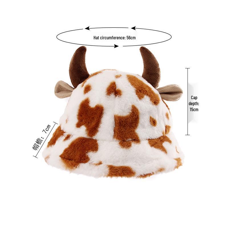 Damen Koreanische Mode Kuhdruck Plüsch Bucket Hat für Herbst & Winter - Dick Warm Horn Fischerstil