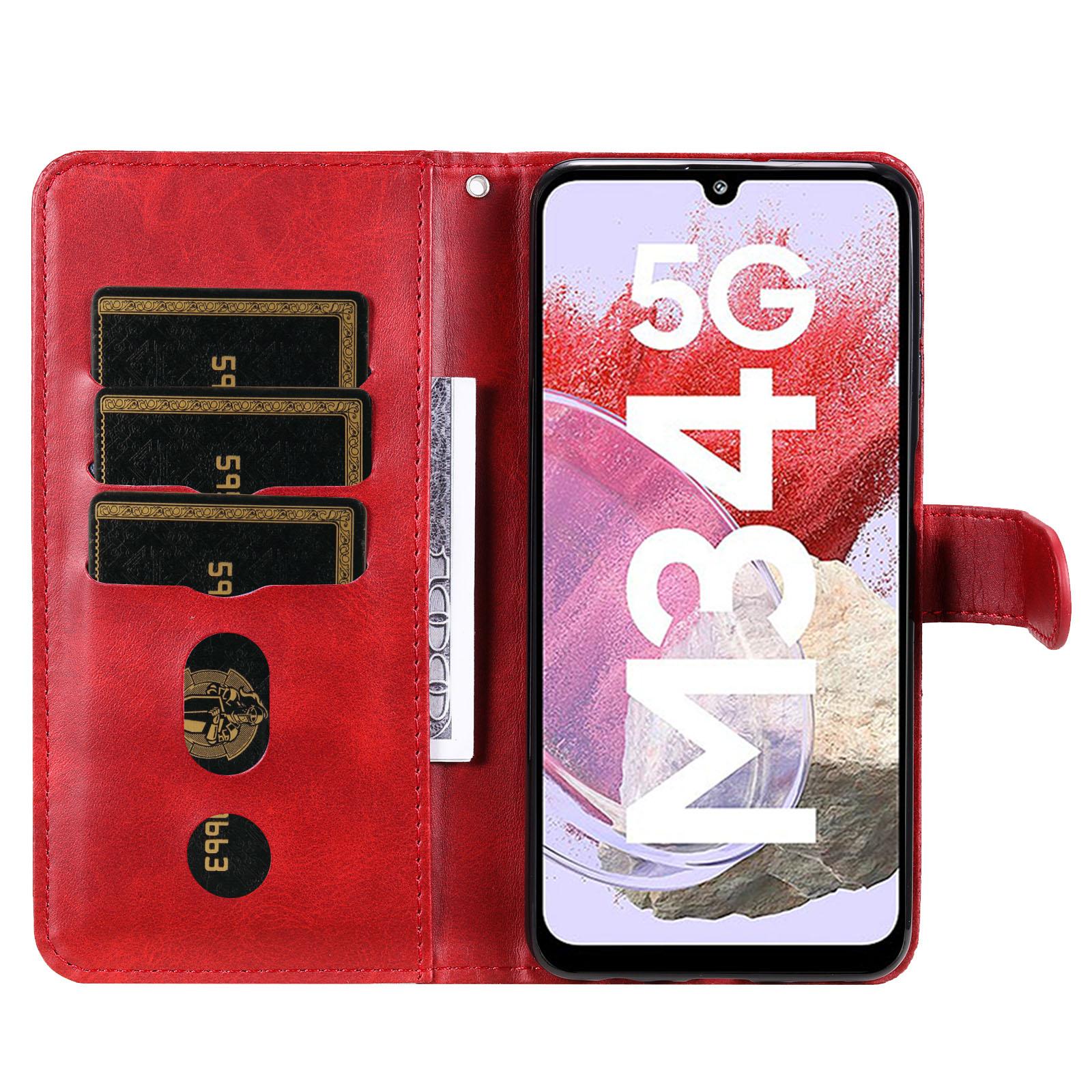 

For Samsung Galaxy F34 5G/M34 5G Calf Texture Leather Phone Case Wallet Stand Cover with Zipper Pocket Red