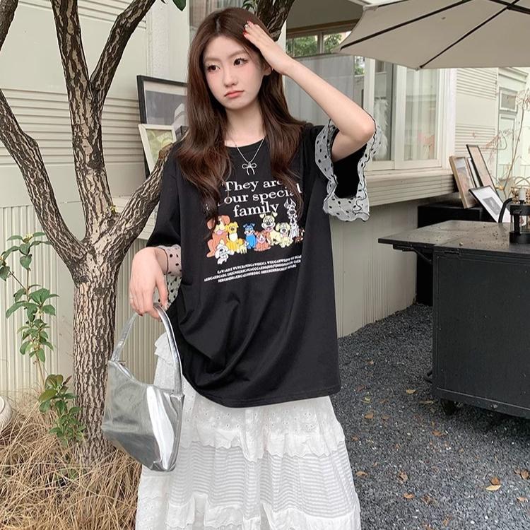 High Quality Pure Cotton Plus Size Tee Shirt Summer Funny Cartoon Print T Shirt Women Clothes Harajuku Oversized Mesh Splicing T-shirt Black Y2k Tops