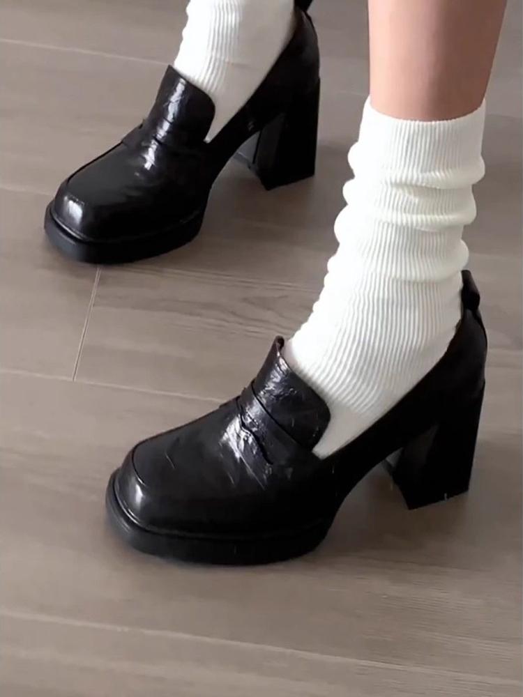 New Retro Vintage Mary Jane Loafers for Women Chunky Heel Thick Sole Square Toe Shoes British Style Women's Loafers