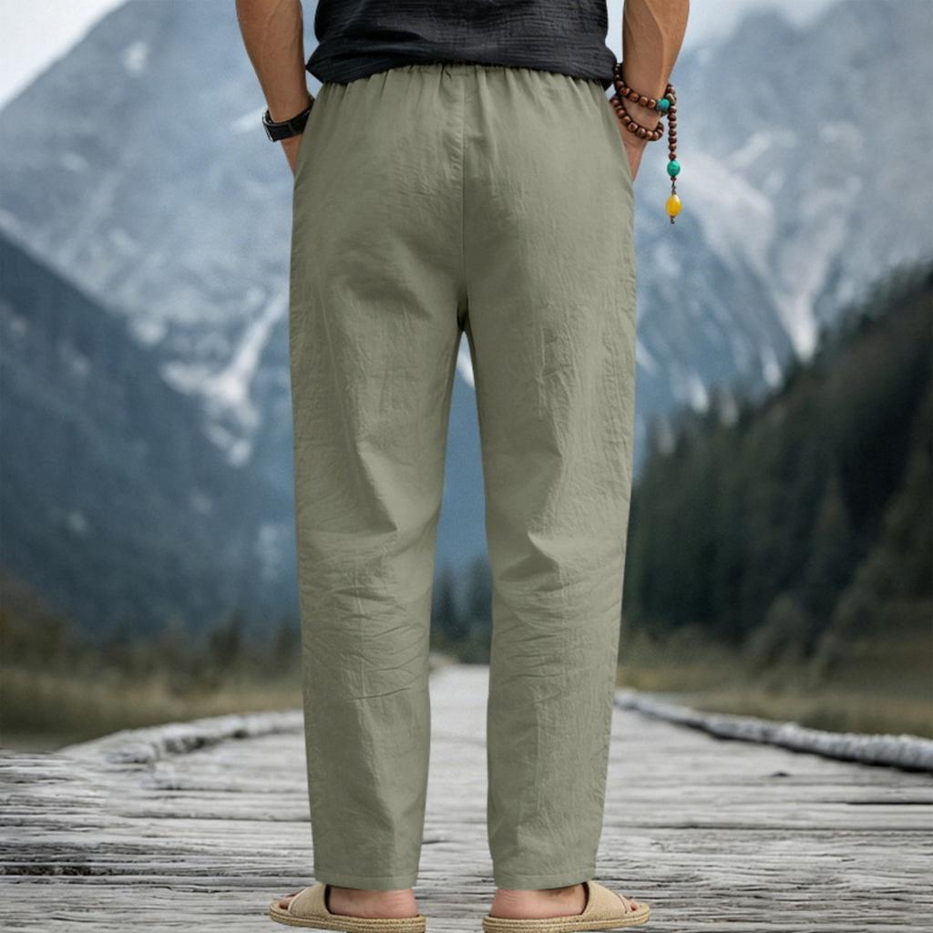 Men’s Loose Fit Linen Pants Breathable Sweat Absorbing Wide Leg Casual Trousers with Drawstring Waist Large Size for Daily Wear